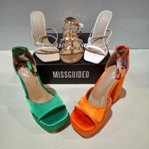 30 X BRAND NEW PAIRS OF MIXED MISSGUIDED SHOES CONTAINING WF HIGH HEEL BLOCK BARELY THERE SANDALS IN SAND , CLEAR PLATFORM STILETTO HEELED SANDAL IN CLEAR , EXTREME PLATFORM SATIN HEELED SANDAL IN BLACK ETC ALL IN SIZE 5