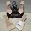 30 X BRAND NEW PAIRS OF MIXED MISSGUIDED SHOES CONTAINING MID CLEAR BLOCK HEEL IN CLEAR , SQUARE TOE BLOCK HEEL MULE SANDALS IN WHITE , PERSPEX BLOCK HEEL MULE SANDAL IN SAND ETC ALL IN SIZE 5