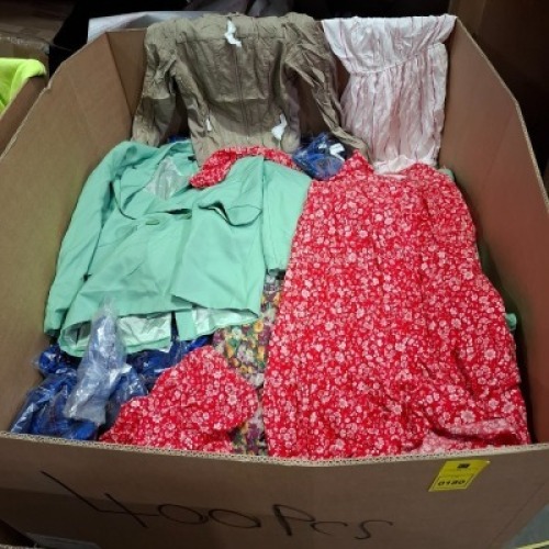 400 + BRAND NEW MIXED CLOTHING LOT CONTAINING, GDG ACTUEL DRESS IN RED AND WHITE IN SIZE SMALL, GDG ACTUEL WOMANS TOP IN WHITE AND BLACK STIPES WITH FLORAL ARMS IN SIZE MEDIUM, GDG ACTUEL DRESS IN FLORAL IN SZE LARGE (IN 1 PALLET BOX)