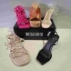 30 X BRAND NEW PAIRS OF MIXED MISSGUIDED SHOES CONTAINING CHUNKY FLATFORM GLADIATOR SANDAL IN SAND , EXTREME PLATFORM CORK HEELED MULES IN TAN , WIDE FIT BARELY THERE IN BLACK ETC ALL IN SIZE 3