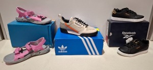 10 X MIXED KIDS FOOT WEAR LOT CONTAINING 4 REEBOK ROYAL COMPLETE TRAINERS IN SIZE UK 11 IN BLACK / GOLD / WHITE 4 X ADIDAS CONTINENTAL 80 TRAINERS IN WHITE / GREY IN SIZE 3.5 1X REEBOK ZIG KINETICA TRAINERS IN WHITE IN SIZE 2.5 , 1 X COLUMBIA YOUTH TECH