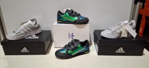 9 X BRAND NEW MIXED GIRLS SHOE LOT CONTAINING 7 ADIDAS GRAND COURT ALPHA TRAINERS IN WHITE / GREY IN SZIE 5.5 AND 2 ADIDAS CONTINENTAL 80 WITH STRAPS IN GREEN / BLACK IN SIZE UK 5 ,