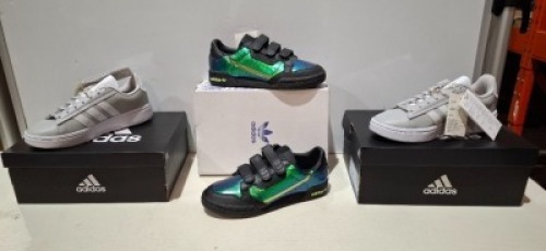 9 X BRAND NEW MIXED GIRLS SHOE LOT CONTAINING 7 ADIDAS GRAND COURT ALPHA TRAINERS IN WHITE / GREY IN SIZE 5.5 AND 2 ADIDAS CONTINENTAL 80 WITH STRAPS IN GREEN / BLACK IN SIZE UK 5 ,
