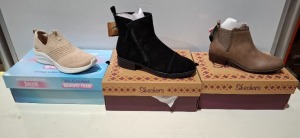 12 X BRAND NEW MIXED SKECHERS WOMEN'S SHOES LOT CONTAINING ANKLE BOOTS 8 IN DARK TAUPE IN SIZE 3 AND ONE IN BLACK IN SIZE UK 7 , AND 3 MEMORY FOAM TRAINERS IN TAUPE IN SIZE UK 4