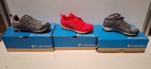 7 X BRAND NEW MIXED WOMENS FOOTWEAR LOT CONTAINING 2 VENT CRUSH FLIP FLOPS IN PURPLE / WHITE IN SIZE UK 4 AND 5 , 5 X COLUMBIA FOOTWEAR VENTRAILLIA RAZOR TRAINERS IN RED IN SIZE UK 4 , DAKOTA DRIFTER WATERPROOF TRAINERS IN GREY IN SIZES UK 3 AND 6.5 , C