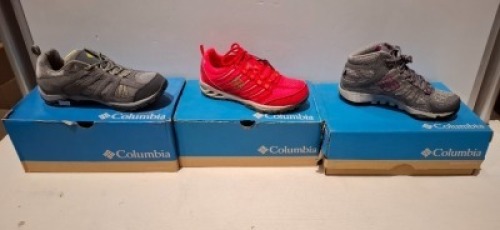 7 X BRAND NEW MIXED WOMENS FOOTWEAR LOT CONTAINING 2 VENT CRUSH FLIP FLOPS IN PURPLE / WHITE IN SIZE UK 4 AND 5 , 5 X COLUMBIA FOOTWEAR VENTRAILLIA RAZOR TRAINERS IN RED IN SIZE UK 4 , DAKOTA DRIFTER WATERPROOF TRAINERS IN GREY IN SIZES UK 3 AND 6.5 , C