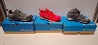 7 X BRAND NEW MIXED WOMENS FOOTWEAR LOT CONTAINING 2 VENT CRUSH FLIP FLOPS IN PURPLE / WHITE IN SIZE UK 4 AND 5 , 5 X COLUMBIA FOOTWEAR VENTRAILLIA RAZOR TRAINERS IN RED IN SIZE UK 4 , DAKOTA DRIFTER WATERPROOF TRAINERS IN GREY IN SIZES UK 3 AND 6.5 , C