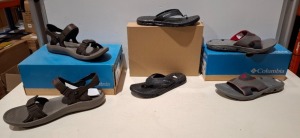 11 X BRAND NEW MIXED MENS COLUMBIA FOOT WEAR LOT CONTAINING TECHSUN SANDALS IN BLACK / GREY IN SIZES UK 12 , 10 , 9 , TECHSUM INTERCHANGE SANDALS IN BROWN / GREY IN SIZE UK 11 AND 12 , TECHSUM VENT SLIDE SANDALS IN GREY / RED IN SIZES 8 UK ETC