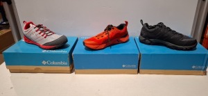 11 X BRAND NEW MIXED MENS COLUMBIA FOOTWEAR LOT CONTAINING FACET 15 WALKING TRAINERS IN AUTUMN ORANGE IN SIZE 6.5 UK , VEBTRAILIA RAZOR HIKING TRAINERS IN COOL GREY IN SIZE 10 UK , PEAKFREAK HIKING TRAINERS IN BLACK / GREY IN SIZE UK 7 , COLUMBIA VENT LI