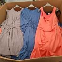 300 + BRAND NEW MIXED CLOTHING LOT CONTAINING, ACTUEL DRESS IN BLUE AND BLACK IN SIZE MEDIUM, VENUS DRESS IN PINK IN SIZE 40/42, ACTUEL DRESS IN WHITE AND BLACK STIRPES IN SIZE SMALL, ETC (IN 1 PALLET BOX)
