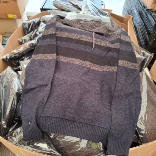300 + BRAND NEW JACK & JONES KNITTED COTTON HODDIES IN GREY AND NAVY IN SIZES S, M, L (IN 1 PALLET BOX)