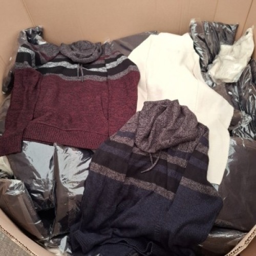 300 + BRAND NEW JACK & JONES KNITTED LOT CONTAINING, HOODIE IN NAVY AND GREY IN SIZE XL,, HOODIE IN BURGUNDY AND GREY IN SIZE XL, TURTLE NECK JUMPER IN WHITE IN SIZE XL (IN 1 PALLET BOX)