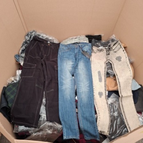 200+ BRAND NEW MIXED TROUSERS LOT CONTAINING, ISHU LONDON TROUSERS IN CHEQUERED PINK AND GREEN IN SIZE 27, RV JEANS IN BEIGE IN SIZE 30, CRIMINAL DAMAGE ESSENTIAL JOGGERS IN DEEP TEAL IN SIZE M,ETC (IN 1 PALLET BOX)