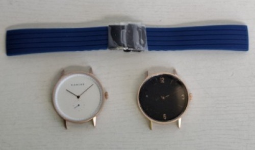 10 X BRAND NEW KANSKE STAINLESS STEEL WATCH IN 2 COLOURS 7 IN SILVER AND 3 IN ROSE GOLD WITH 10 BLUE RUBBER STRAPS (NOTE NO STRAP SPRING BARS )