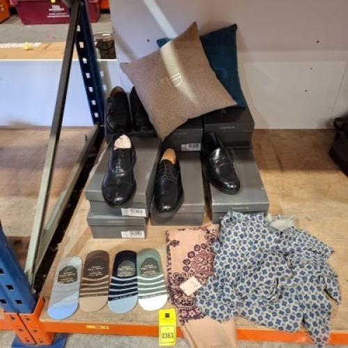 20 X BRAND NEW MIXED DAN JOHN BRANDED LOT CONTAINING THIN FLORAL SCARFS , 4 PAIRS OF SOCKS , 10 VARIOUS DAN JOHNS SHOES IE BLACK LACE UP SHOES IN SIZE 45 , BLACK DOUBLE BUCKLE SHOE IN SIZE 44 , BLACK COLLEGE LOAFERS IN SIZE 46 ETC ON HALF A BAY