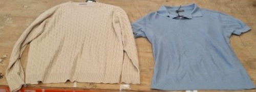 20 X BRAND NEW MIXED DAN JOHN BRANDED CLOTHING LOT CONTAINING GREEN JUMPER IN SIZE LARGE , WHITE PANTS IN SIZE 50 , CREW NECK JUMPER IN CREAM IN SIZE XL , SHORT SLEEVE TOP IN BLUE IN SIZE XL ETC IN TWO TRAYS