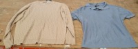 20 X BRAND NEW MIXED DAN JOHN BRANDED CLOTHING LOT CONTAINING GREEN JUMPER IN SIZE LARGE , WHITE PANTS IN SIZE 50 , CREW NECK JUMPER IN CREAM IN SIZE XL , SHORT SLEEVE TOP IN BLUE IN SIZE XL ETC IN TWO TRAYS