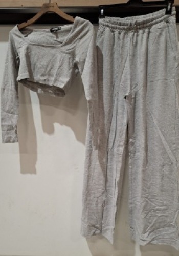 20 X BRAND NEW MISSGUIDED GREY RIBBED CROP TOP TEE AND WIDE LEG JOGGERS SET IN SIZES 8-14