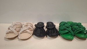 40 X BRAND NEW MIXED SHOE LOT TO INCLUDE PADDED TIE UP SANDALS - PADDED FLIP FLOP SANDALS - TWISTED TOE POST FLAT SANDALS - ROPE SANDALS ETC IN VARIOUS SIZES