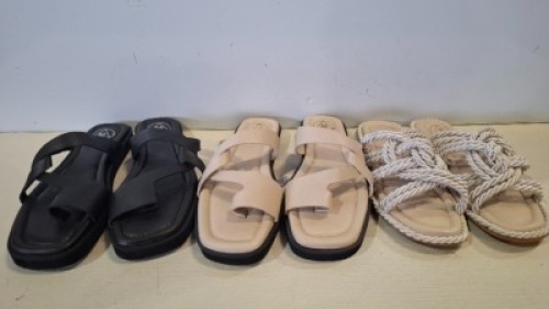 40 X BRAND NEW MIXED SHOE LOT TO INCLUDE PADDED TIE UP SANDALS - PADDED FLIP FLOP SANDALS - TWISTED TOE POST FLAT SANDALS - ROPE SANDALS ETC IN VARIOUS SIZES