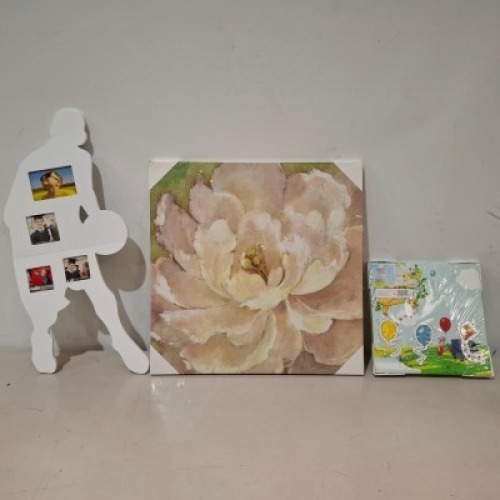 87 X BRAND NEW MIXED LOT CONTAINING X 63 LARGE ROSE CANVAS PICTURES 58CM X 3CM X 58CM , X 18 BASKETBALL PICTURE FRAMES AND 7 DISNEY WINNIE THE POOH MAGNETIC CANVAS ON ONE PALLET
