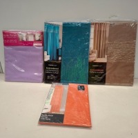 35 X BRAND NEW VELOSSO CURTAINS IN VARIOUS COLOURS AND SIZES LOT CONTAINING PINK FLORA IN SIZE W 150 CM X DROP 182 , BLUE FLORA IN SIZE W 150 X DROP 182 CM , EMBROIDERED TAFFETA CURTAIN IN GOLD IN SIZE 145 X 228 CM , THIN ORANGE CURTAINS IN SIZE W 137 X D