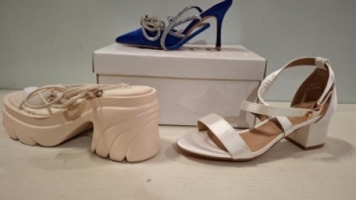 30 X BRAND NEW MIXED WOMEN'S SHOES LOT CONTAINING 10 X RETRO PLATFORM SANDALS IN CREAM PU IN SIZES 3 , 4 , 5 , 14 X ARMELL FLAT LACE UP PUMP IN BLUE SATIN IN SIZE 3 / 36 , 4/37 , 7/40 , 6 X WHERES THAT FROM MID BLOCK HEEL IN OFF WHITE SATIN IN SIZE 7 / 