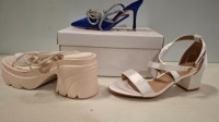 30 X BRAND NEW MIXED WOMEN'S SHOES LOT CONTAINING 10 X RETRO PLATFORM SANDALS IN CREAM PU IN SIZES 3 , 4 , 5 , 14 X ARMELL FLAT LACE UP PUMP IN BLUE SATIN IN SIZE 3 / 36 , 4/37 , 7/40 , 6 X WHERES THAT FROM MID BLOCK HEEL IN OFF WHITE SATIN IN SIZE 7 / 