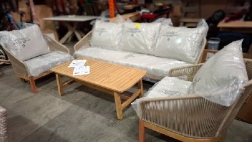 1 X STUDIO 4 PC LOUNGER SET WITH 1 X 3 SEATER SOFA - 2 X ARMCHAIRS - 1 X WOODEN COFFEE TABLE NOTE: WE HAVE ADDED BRAND NEW LEGS TO THE SOFA & ARMCHAIRS WITH A SLIGHT COLOUR VARIATION TO THE COFFEE TABLE
