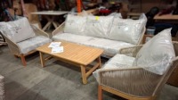 1 X STUDIO 4 PC LOUNGER SET WITH 1 X 3 SEATER SOFA - 2 X ARMCHAIRS - 1 X WOODEN COFFEE TABLE NOTE: WE HAVE ADDED BRAND NEW LEGS TO THE SOFA & ARMCHAIRS WITH A SLIGHT COLOUR VARIATION TO THE COFFEE TABLE