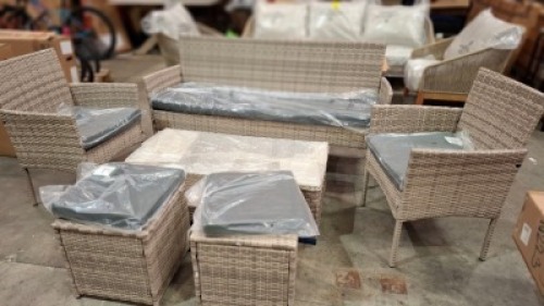 1 X BRAND NEW STUDIO 6 PC LOUNGER SET WITH 1X 3 SEATER BENCH 2X CHAIRS 2X STOOLS 1 X TABLE