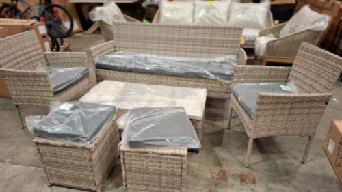 1 X BRAND NEW STUDIO 6 PC LOUNGER SET WITH 1X 3 SEATER BENCH 2X CHAIRS 2X STOOLS 1 X TABLE