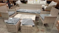 1 X BRAND NEW STUDIO 6 PC LOUNGER SET WITH 1X 3 SEATER BENCH 2X CHAIRS 2X STOOLS 1 X TABLE