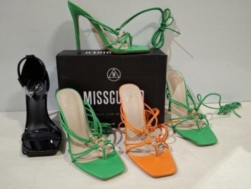 30 X BRAND NEW PAIRS OF MIXED MISSGUIDED SHOES CONTAINING STRAPPY RING DETAIL HEELED SANDAL IN GREEN , EXTREME PLATFORM CORK HEELED MULES IN CREAM , SQUARE TOE PATENT HEELED SANDAL IN BLACK ETC ALL IN SIZE 4