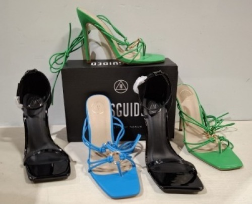 30 X BRAND NEW PAIRS OF MIXED MISSGUIDED SHOES CONTAINING SQUARE TOE PATENT HEELED SANDAL IN BLACK , STRAPPY RING DETAIL HEELED SANDAL IN GREEN AND BLUE ETC ALL IN SIZE 5
