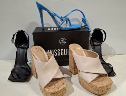 30 X BRAND NEW PAIRS OF MIXED MISSGUIDED SHOES CONTAINING SQUARE TOE PATENT HEELED SANDAL IN BLACK , STRAPPY RING DETAIL HEELED SANDAL IN BLUE , EXTREME PLATFORM CORK HEELED SANDAL IN BLACK ETC ALL IN SIZE 5