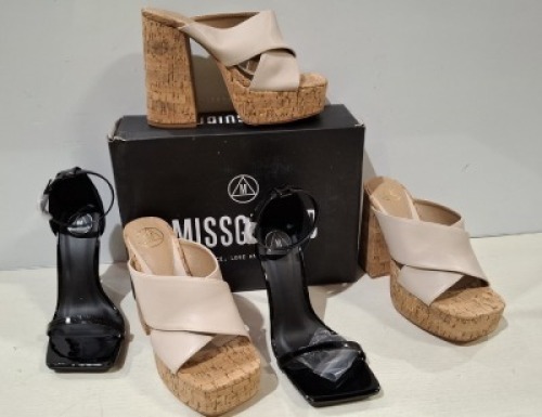 30 X BRAND NEW PAIRS OF MIXED MISSGUIDED SHOES CONTAINING SQUARE TOE PATENT HEELED SANDAL IN BLACK , EXTREME PLATFORM CORK HEELED MULES IN CREAM ,STRAPPY RING DETAIL HEELED SANDAL IN GREEN ETC ALL IN SIZE 5