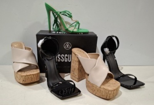 30 X BRAND NEW PAIRS OF MIXED MISSGUIDED SHOES CONTAINING STRAPPY RING DETAIL HEELED SANDAL , EXTREME PLATFORM CORK HEELED MULES IN CREAM , SQUARE TOE PATENT HEELED SANDAL IN BLACK ETC ALL IN SIZE 5