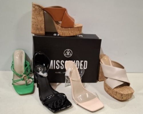 30 X BRAND NEW PAIRS OF MIXED MISSGUIDED SHOES CONTAINING SQUARE TOE PATENT HEELED SANDAL IN BLACK , WIDE FIT SQUARE TOE ILLUSION HEEL CLEAR IN NUDE , EXTREME PLATFORM CORK HEELED MULES IN TAN ETC ALL IN SIZE 6