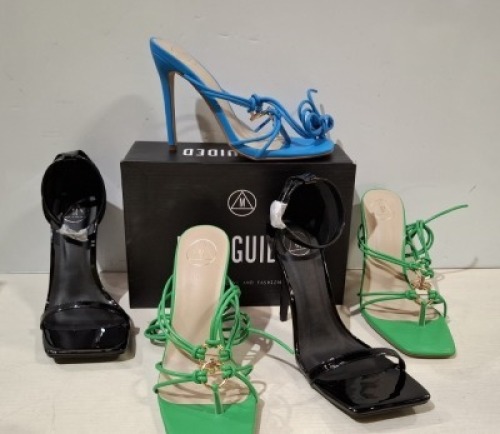 30 X BRAND NEW PAIRS OF MIXED MISSGUIDED SHOES CONTAINING SQUARE TOE PATENT HEELED SANDAL IN BLACK STRAPPY RING DETAIL HEELED SANDAL IN GREEN ETC ALL IN SIZE 6