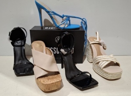 30 X BRAND NEW PAIRS OF MIXED MISSGUIDED SHOES CONTAINING SQUARE TOE PATENT HEELED SANDAL IN BLACK , EXTREME PLATFORM RAFFIA HEELED SANDAL IN CREAM ETC ALL IN SIZE 7