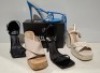 30 X BRAND NEW PAIRS OF MIXED MISSGUIDED SHOES CONTAINING SQUARE TOE PATENT HEELED SANDAL IN BLACK , EXTREME PLATFORM RAFFIA HEELED SANDAL IN CREAM ETC ALL IN SIZE 7