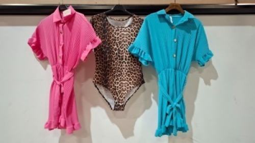 70 X MIXED CLOTHING LOT CONTAINING VENESSA BUCCI BLAZER IN BEIGE IN SIZE12 , NEW COLLECTION DRESS IN CYAN IN UNKNOWN SIZE , NEW COLLECTION SHORT JUMPER IN RED IN SIZE SMALL ETC ON A RAIL (NOTE - CLOTHES HAVE A MUSTY ODOUR)