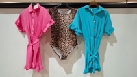 70 X MIXED CLOTHING LOT CONTAINING VENESSA BUCCI BLAZER IN BEIGE IN SIZE12 , NEW COLLECTION DRESS IN CYAN IN UNKNOWN SIZE , NEW COLLECTION SHORT JUMPER IN RED IN SIZE SMALL ETC ON A RAIL (NOTE - CLOTHES HAVE A MUSTY ODOUR)
