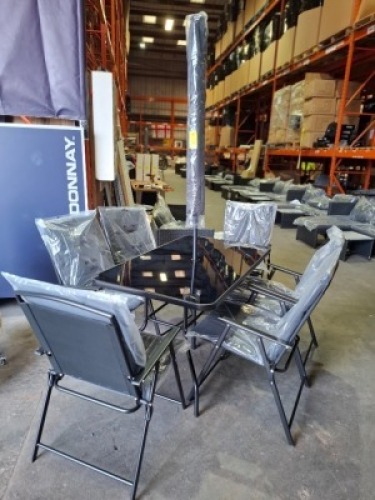 1 X BRAND NEW STUDIO SHANGHAI 8 PIECE DINING SET TO INCLUDE 6 CHAIRS IN SIZE W55XD63XH90CM 1 UMBRELLA IN SIZE D230XH210CM AND 1 TABLE IN SIZE W138XD80XH70CM IN BLACK/ANTHRACITE