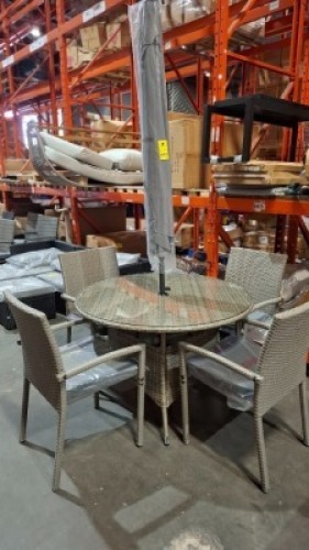 1 X BRAND NEW 6 PIECE RATTAN SET CONTAINING 4 CHAIRS IN SIZE D48XL54XH90CM AND 1 TABLE IN SIZE L189XH75CM AND 1 UMBRELLA IN SIZE D230XH210CM IN GREY