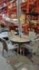 1 X BRAND NEW 6 PIECE RATTAN SET CONTAINING 4 CHAIRS IN SIZE D48XL54XH90CM AND 1 TABLE IN SIZE L189XH75CM AND 1 UMBRELLA IN SIZE D230XH210CM IN GREY