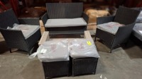 1 X BRAND NEW 6 PIECE OUTDOOR GARDEN FURNITURE TO INCLUDE 2 CHAIRS IN SIZE D50XH82XL61CM 2 STOOLS L36CMXH40CM 1 LOVESEAT IN SIZE D52XH81XL108CM AND 1 TABLE WITH GLASS TOP IN SIZE D51XH35XL102CM IN GREY/BLACK