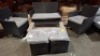 1 X BRAND NEW 6 PIECE OUTDOOR GARDEN FURNITURE TO INCLUDE 2 CHAIRS IN SIZE D50XH82XL61CM 2 STOOLS L36CMXH40CM 1 LOVESEAT IN SIZE D52XH81XL108CM AND 1 TABLE WITH GLASS TOP IN SIZE D51XH35XL102CM IN GREY/BLACK