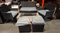 1 X BRAND NEW 6 PIECE OUTDOOR GARDEN FURNITURE TO INCLUDE 2 CHAIRS IN SIZE D50XH82XL61CM 2 STOOLS L36CMXH40CM 1 LOVESEAT IN SIZE D52XH81XL108CM AND 1 TABLE WITH GLASS TOP IN SIZE D51XH35XL102CM IN GREY/BLACK